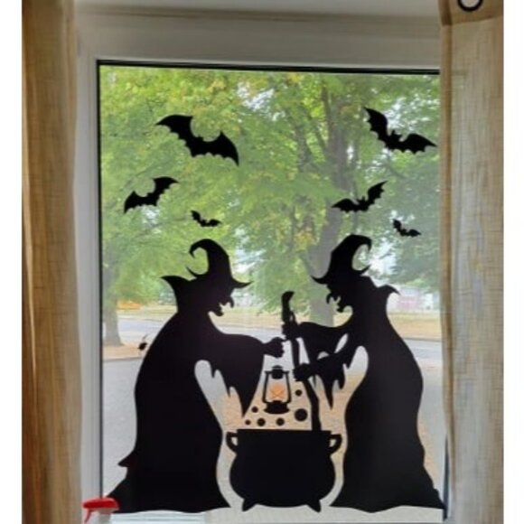 Halloween Decorations Window Clings Decor Extra Large Witches with Black Cat Bat - Picture 3 of 4